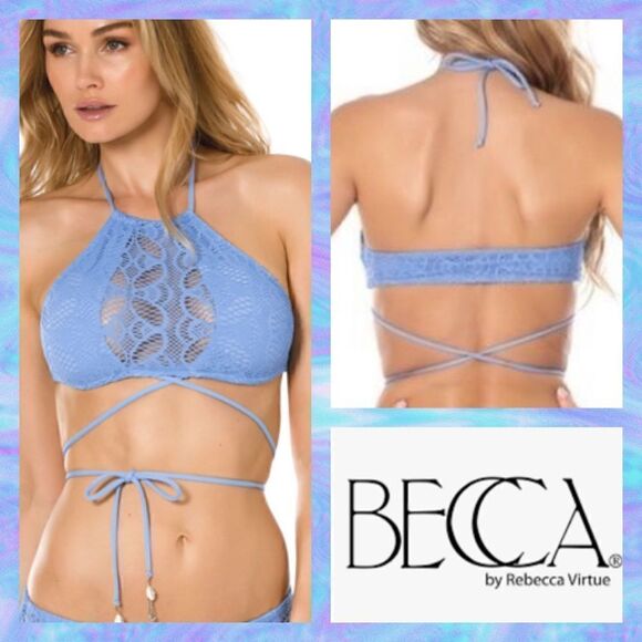 NWT MSRP $68 Becca Swim Crochet High Neck Halter Bikini Top Women's Size Large - Picture 1 of 7